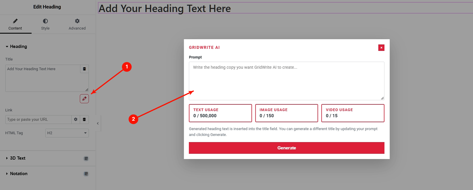 GridWrite AI heading generation controls