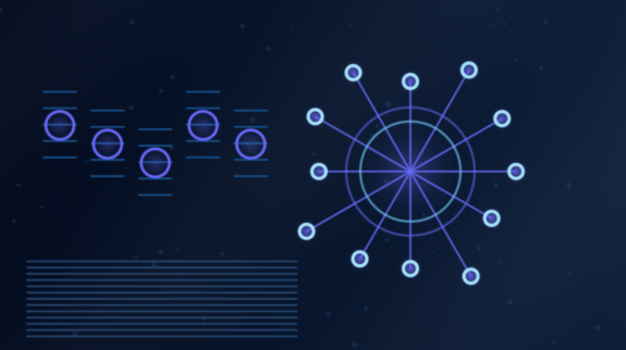 Purple interconnected technology architecture illustrating traditional and AI-assisted website operations
