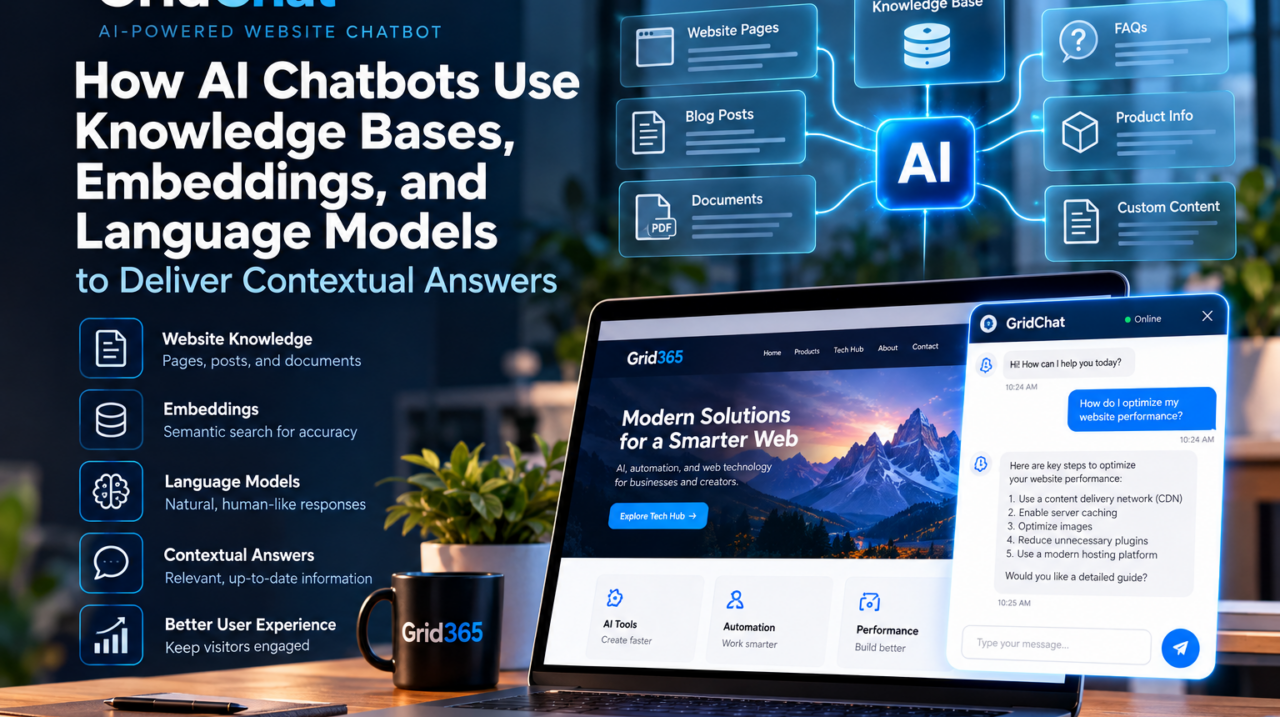 GridChat AI assistant connected to website pages, documents, embeddings and a knowledge base