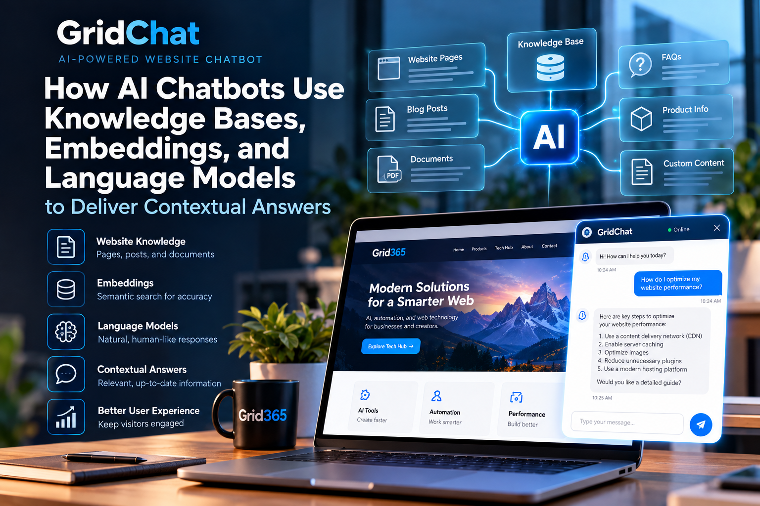 GridChat AI assistant connected to website pages, documents, embeddings and a knowledge base