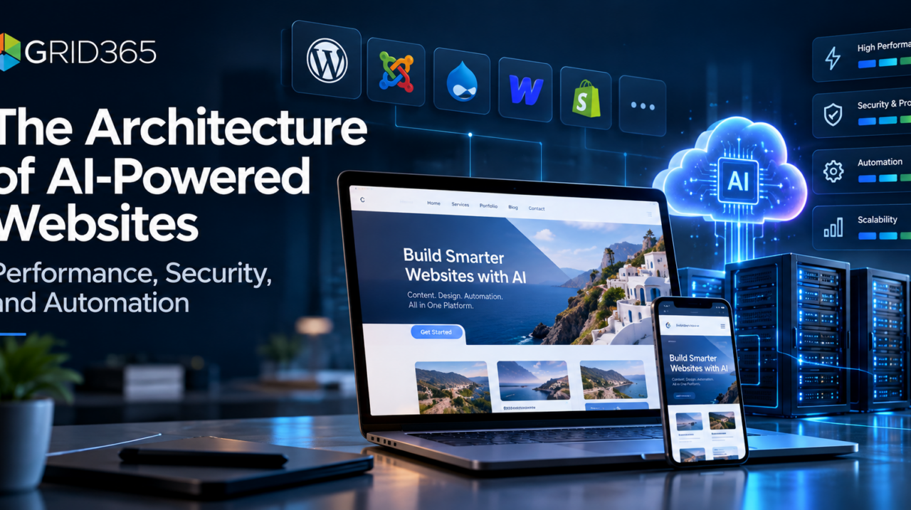 Illustration of AI-powered website infrastructure, performance, security, and automation