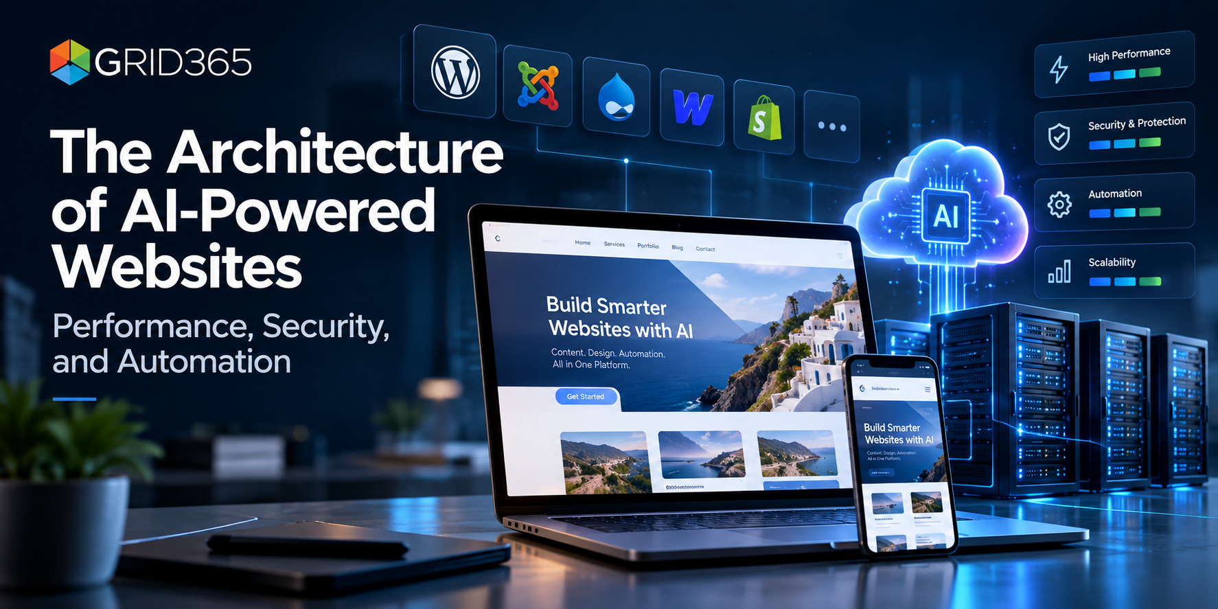 Illustration of AI-powered website infrastructure, performance, security, and automation