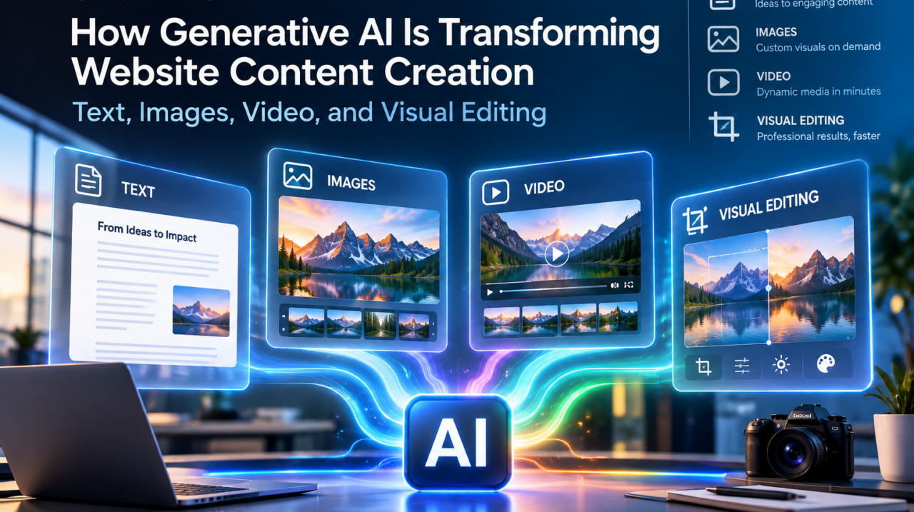 Digital illustration of AI-assisted text, image, video, and visual website editing workflows