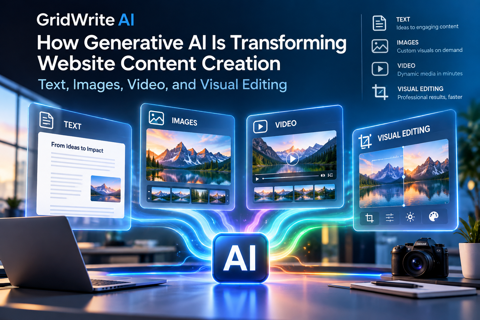 Digital illustration of AI-assisted text, image, video, and visual website editing workflows