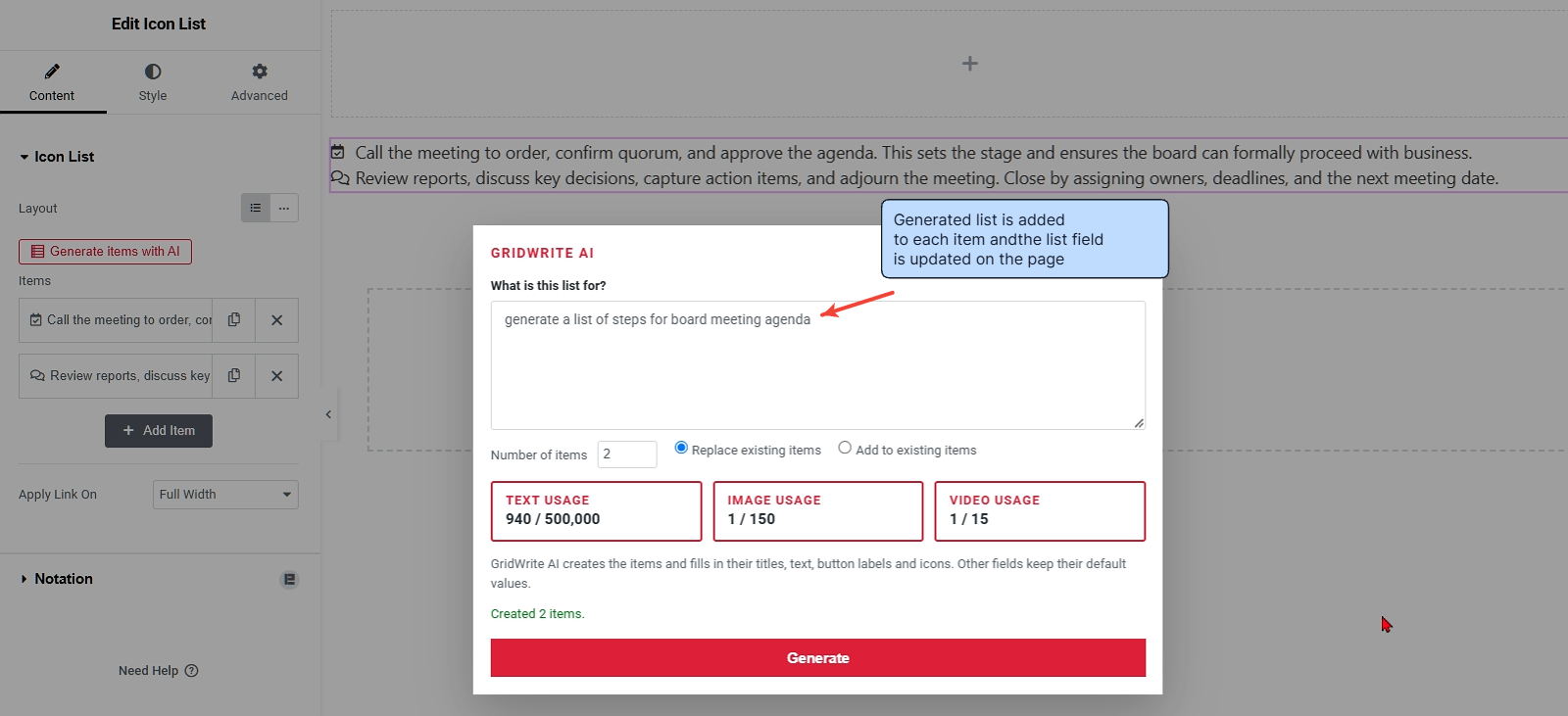 Generated repeater items applied in GridWrite