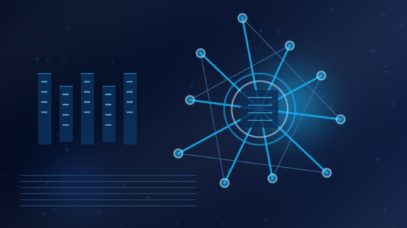 Blue technology illustration showing an interconnected AI hub and ten networked applications