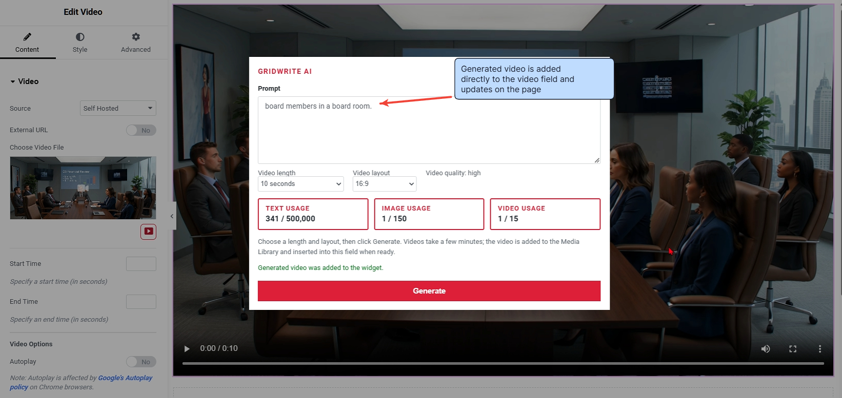 Generated video workflow in GridWrite