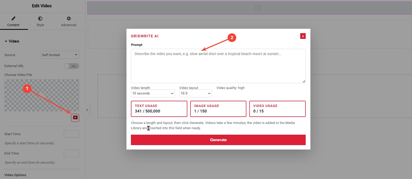 GridWrite AI video generation controls